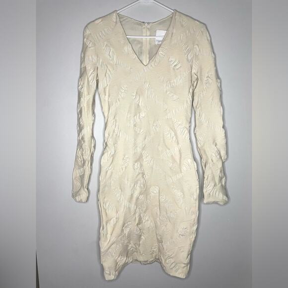 Yigal Azrouel Long Sleeve Cream Crinkle Textured Stretch Bodycon Dress Size 8 - Picture 1 of 6